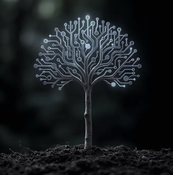 El árbol joven con la copa dibujada como un circuito luminoso.