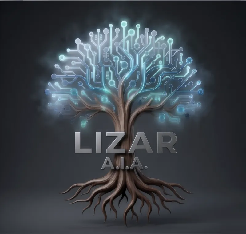 Árbol de LIZAR A.I.A.: tronco de madera con copa formada por circuitos de placa base luminosos sobre fondo grafito.