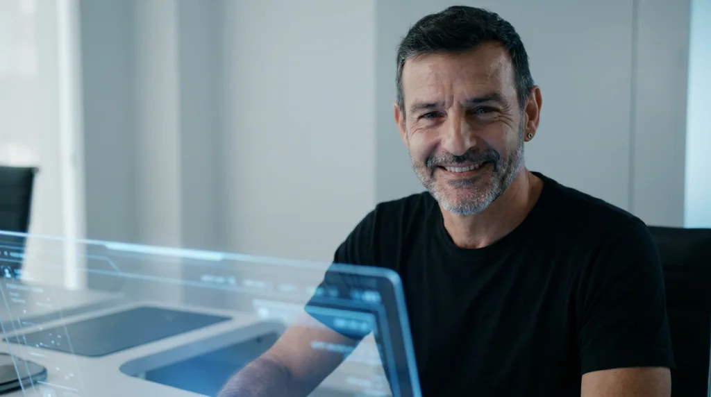 Óscar Azparren, fundador de LIZAR A.I.A., sonriendo delante de su ordenador mientras trabaja.
